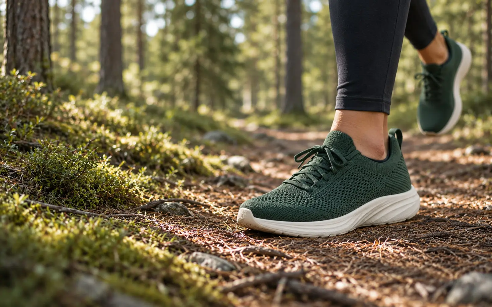Trail runner on a forest path, wide