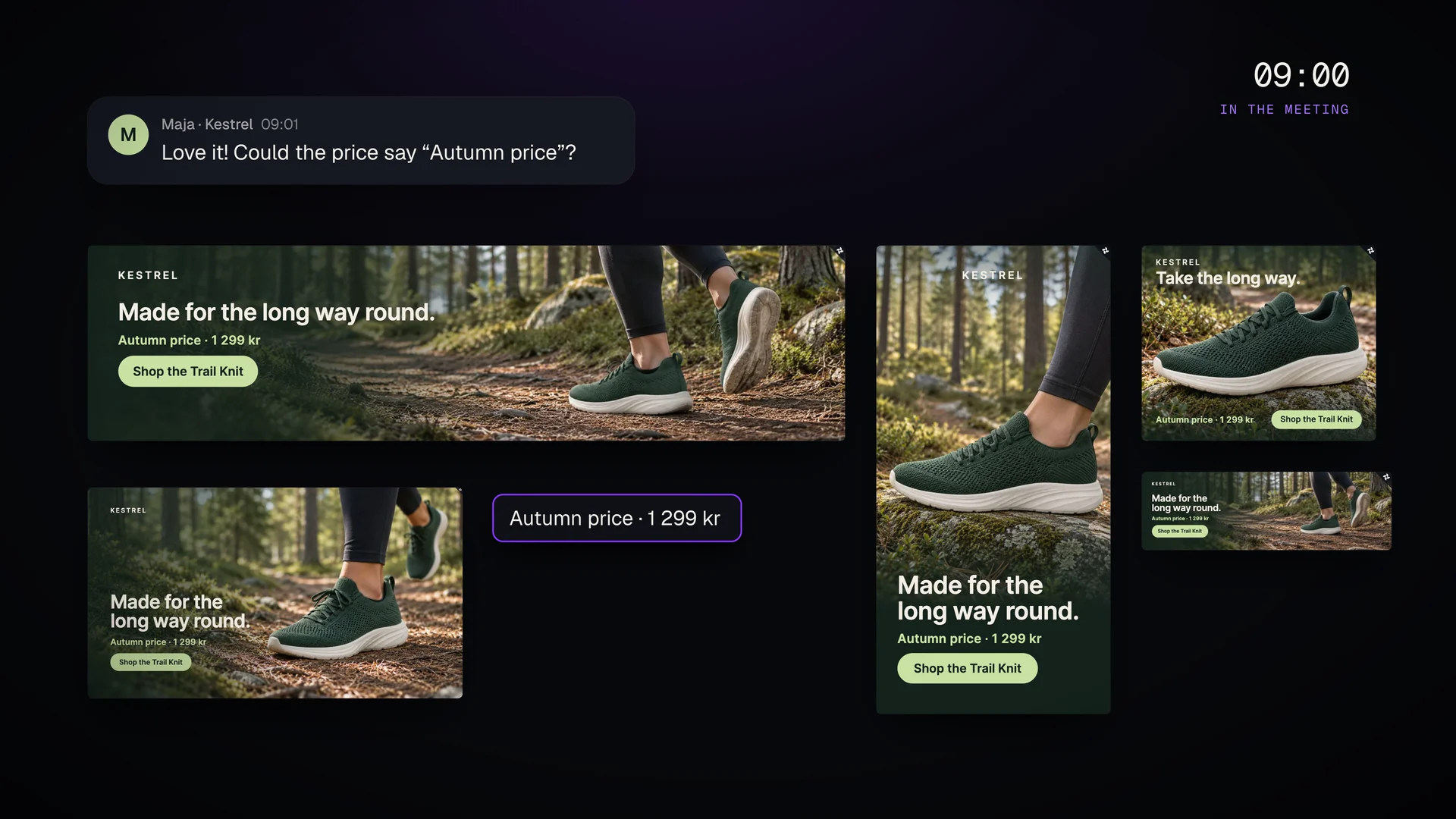 In the meeting: the client asks for “Autumn price” and the Kestrel sample banners change with it.