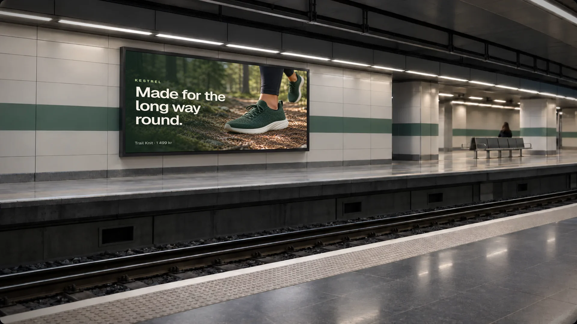 The Kestrel sample ad on a landscape screen on a metro platform, in an AI-made picture.