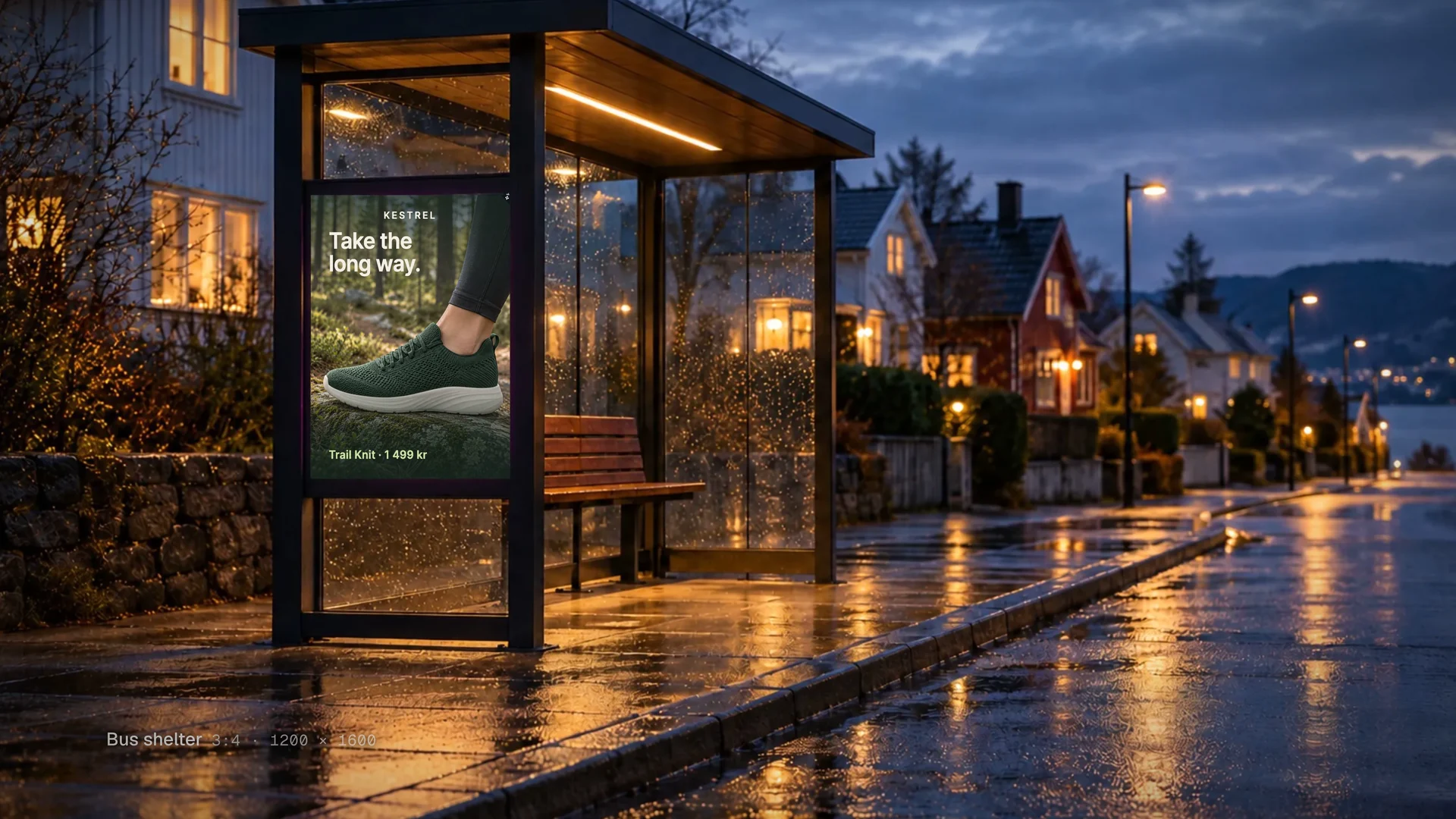 An AI-made mockup: the Kestrel sample poster in a bus shelter on a wet street at dusk.
