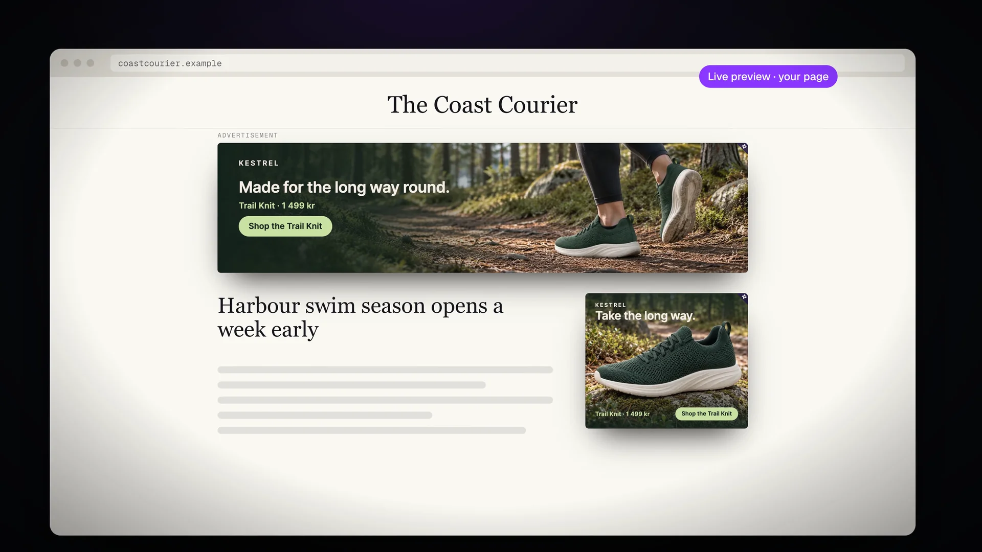 The Kestrel sample ad in a panorama and a rectangle on the front page of The Coast Courier, a made-up news site.