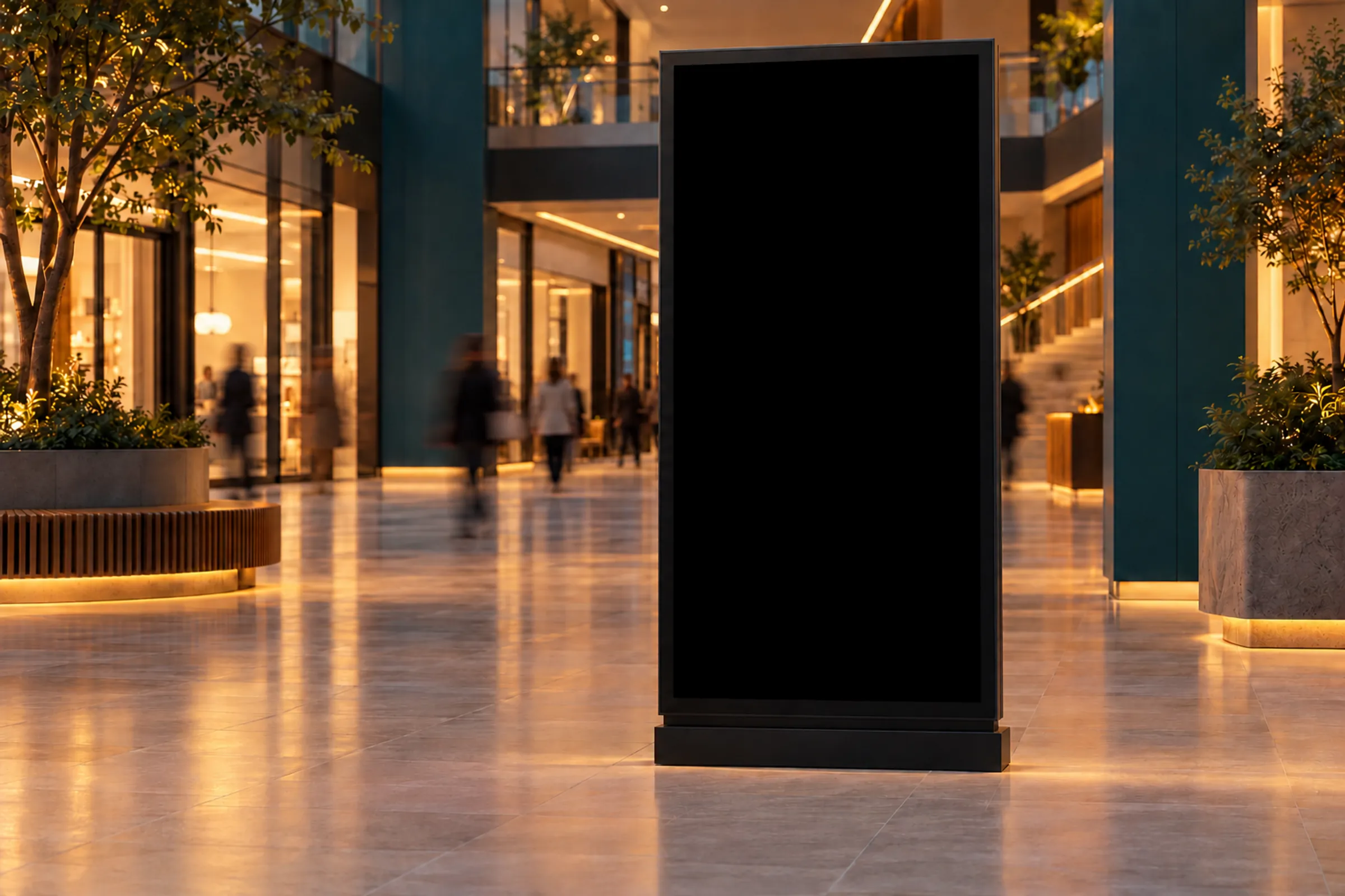 An AI-made photo of a shopping concourse in the evening, with a freestanding portrait digital screen playing the Tass sample.