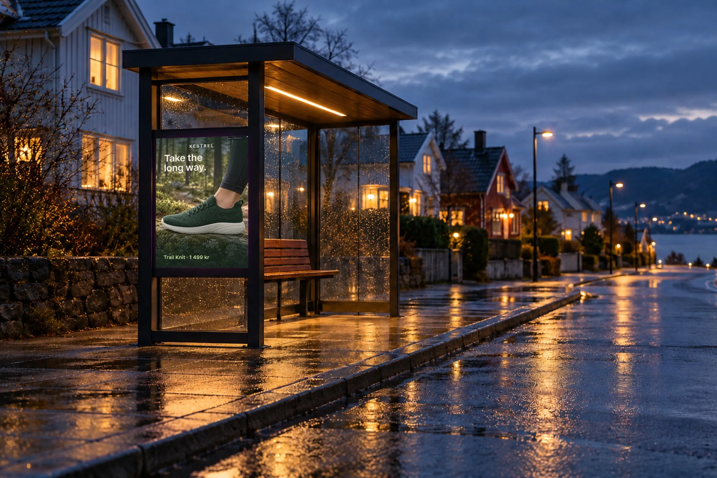 Kestrel’s sample poster in a bus shelter at dusk, an AI-made mockup